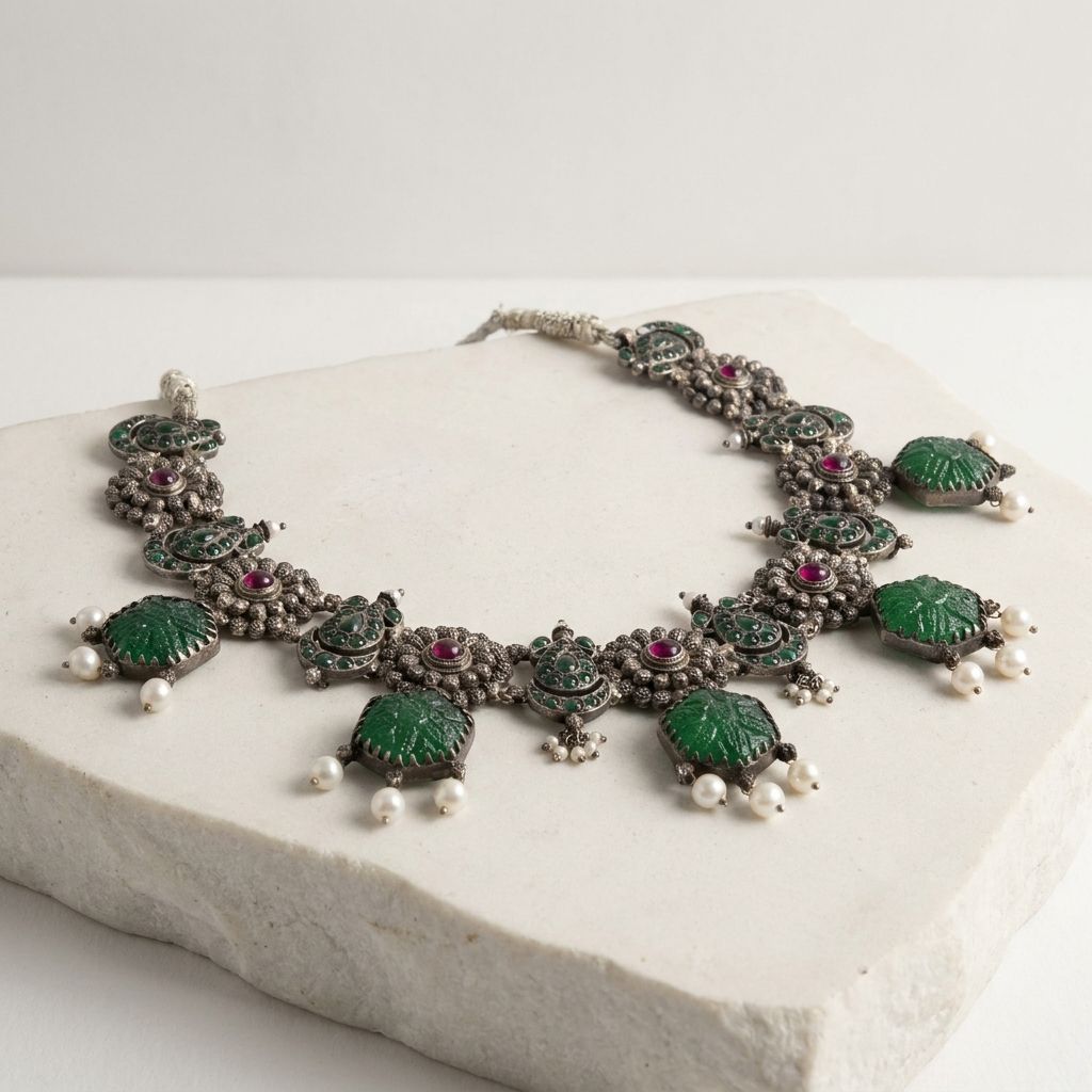 Antique Emerald Statement Geo-Hexagon Necklace