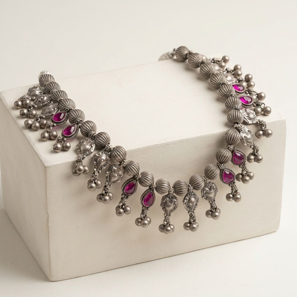 Silver Hoop & Rosette Fringe Collar