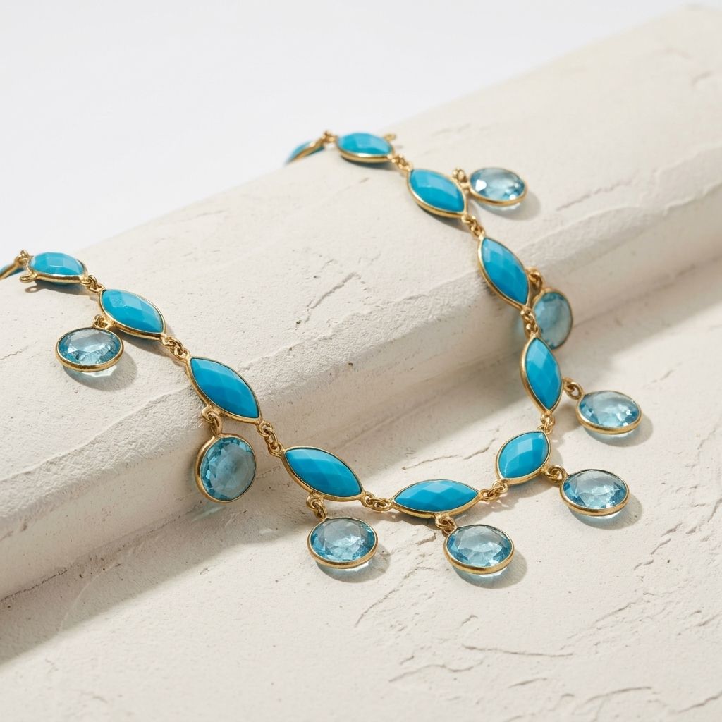 Artisan Gold-Plated Silver Turquoise & Blue Topaz Fringe Collar Necklace