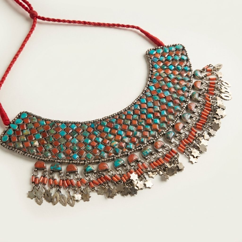 Antique Sterling Silver Tribal Turquoise & Coral Hasli Bib Necklace