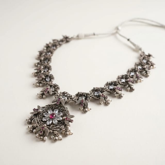 Antique Sterling Silver Floral Filigree Statement Pendant Necklace