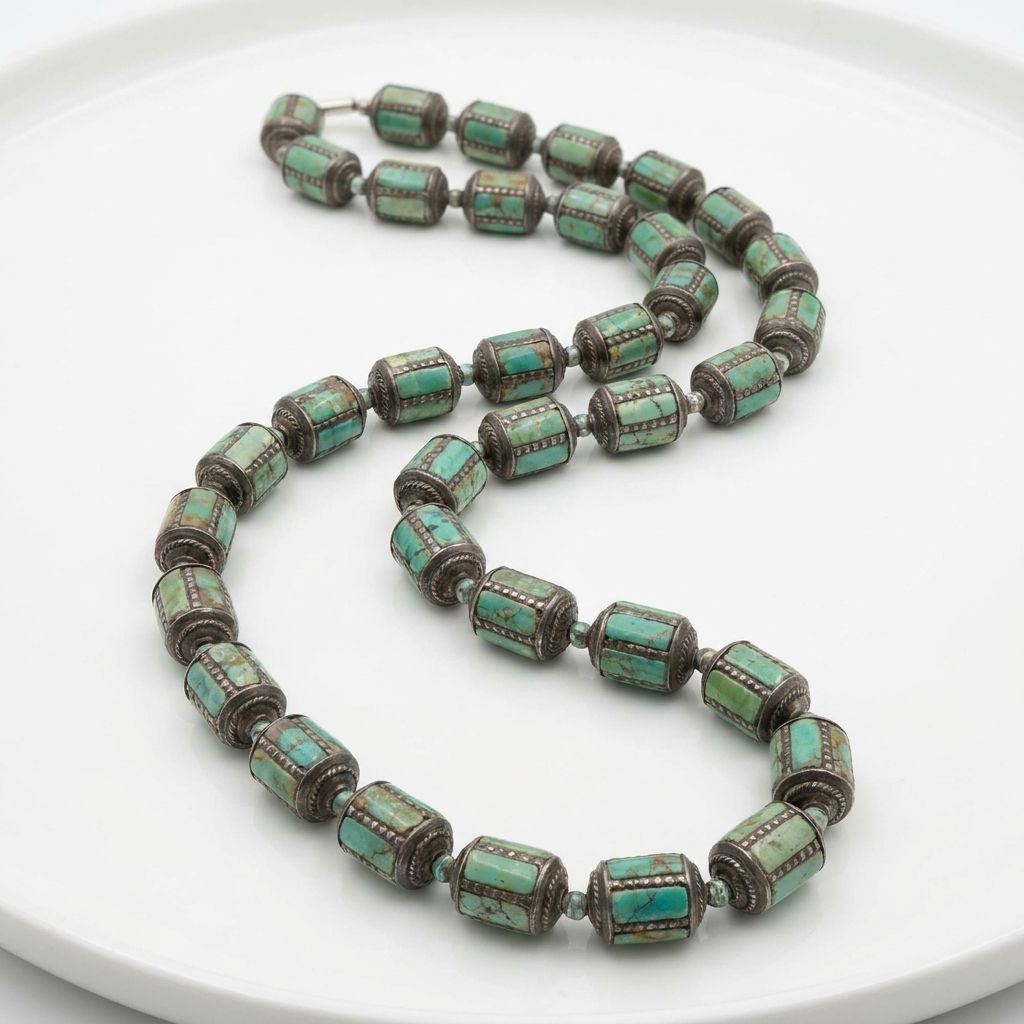 Antique Silver Tribal Turquoise Drum Bead Mala Necklace