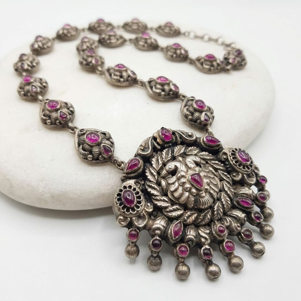 Antique Sterling Silver Simha Lion Motif Statement Pendant Necklace