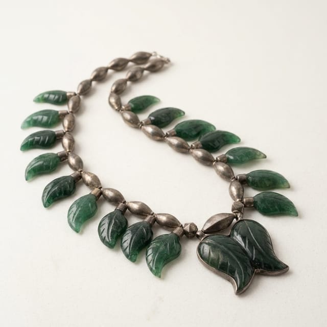 Antique Silver Carved Green Jadeite Leaf Statement Fringe Necklace