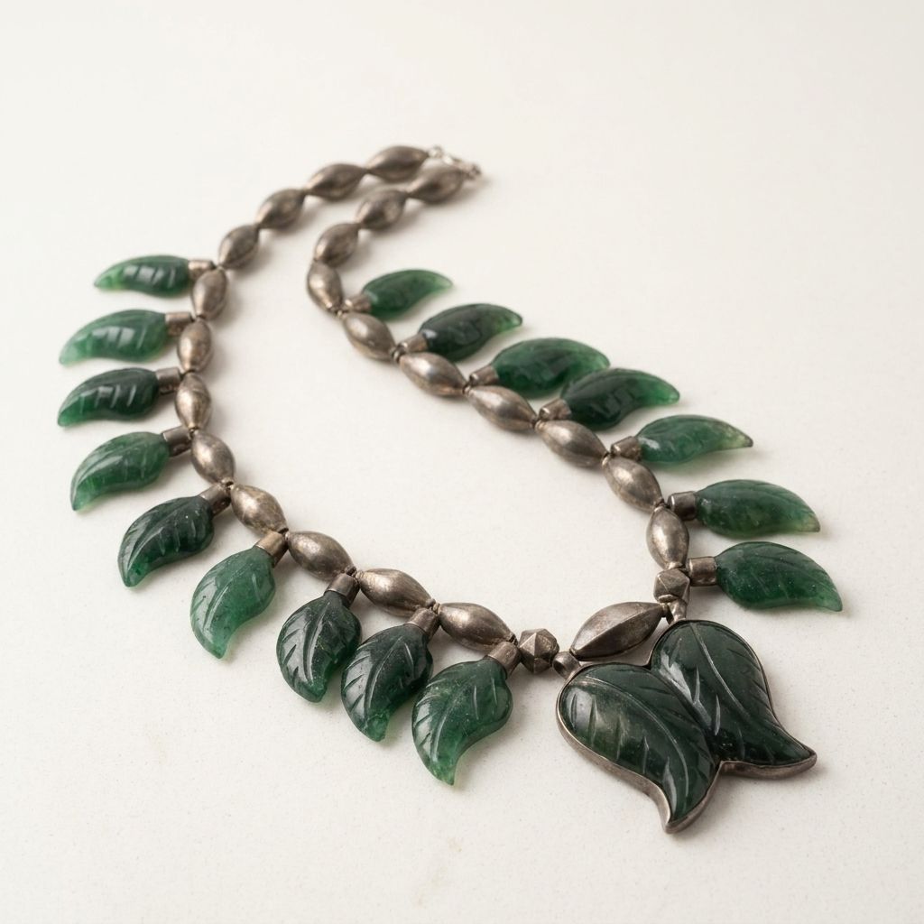 Antique Silver Carved Green Jadeite Leaf Statement Fringe Necklace