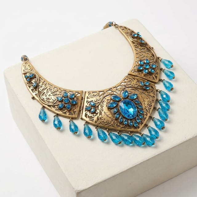Antique Gold-Finish Filigree Royal Blue Topaz Bib Collar Necklace