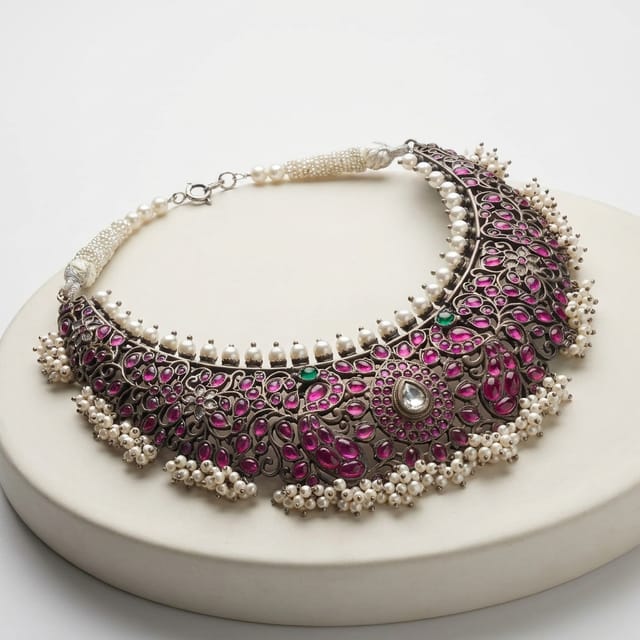 Antique Silver Royal Ruby-Pink Floral Choker Necklace