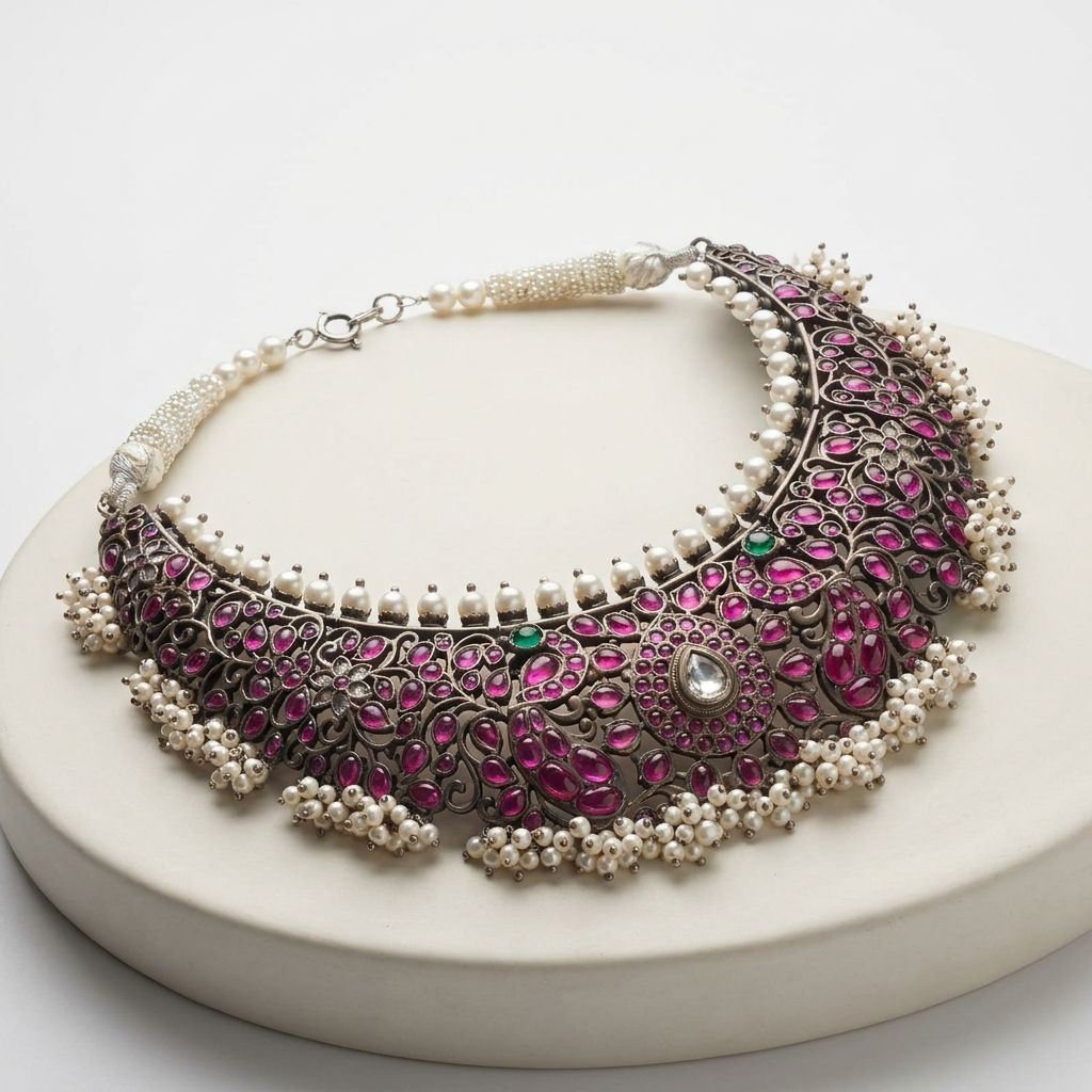 Antique Silver Royal Ruby-Pink Floral Choker Necklace