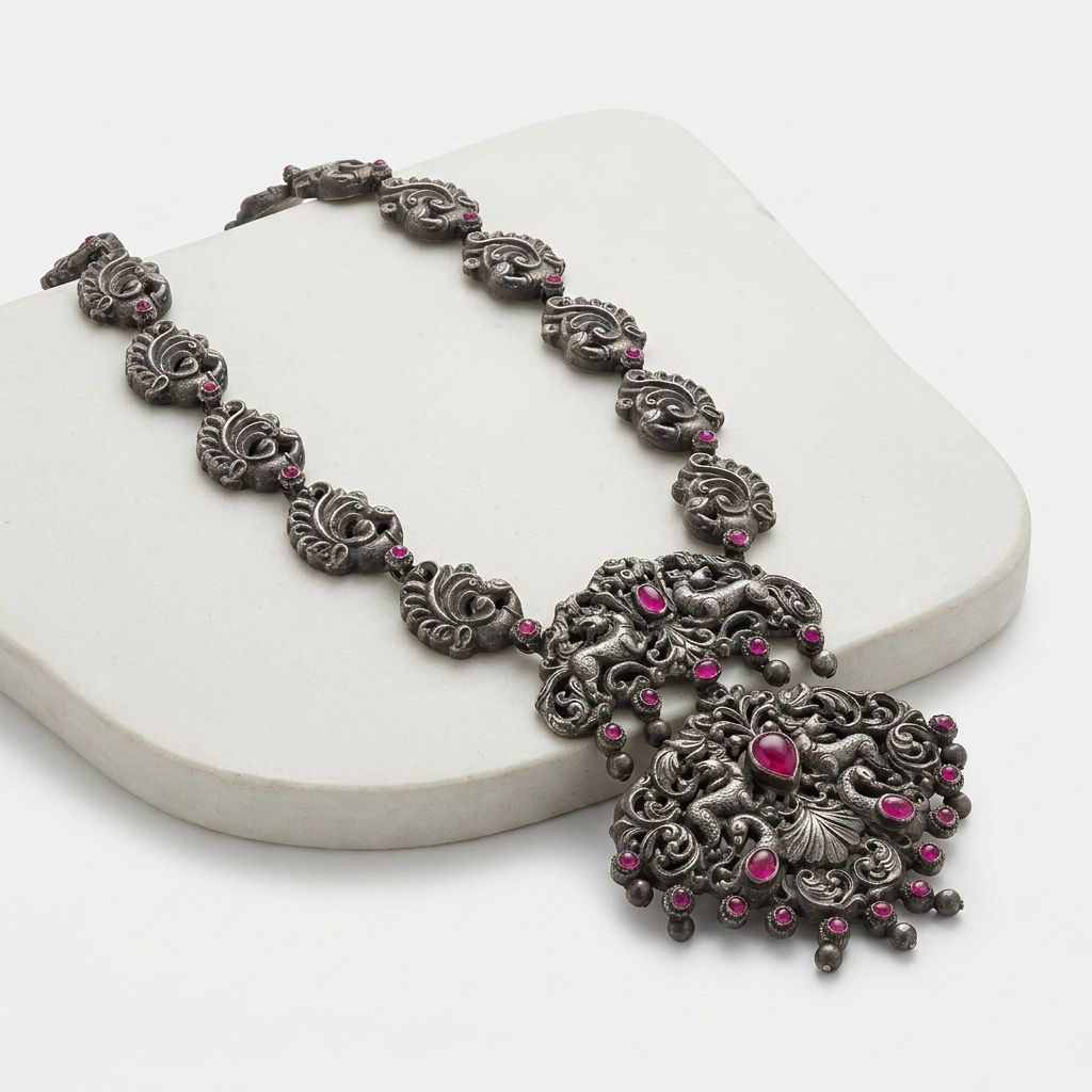 Antique Silver Ornate Peacock & Ruby-Pink Statement Haram
