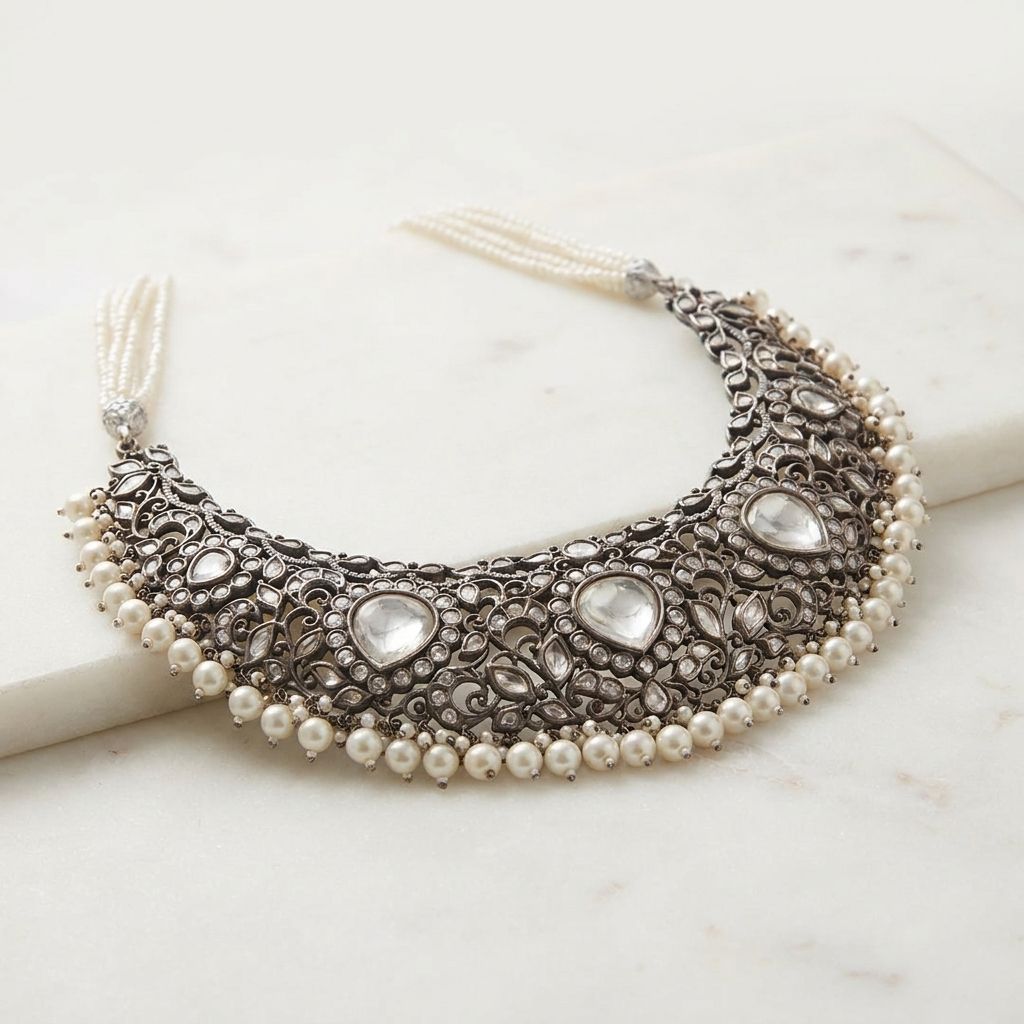 Regal Antique Silver Polki & Pearl Statement Bib Choker