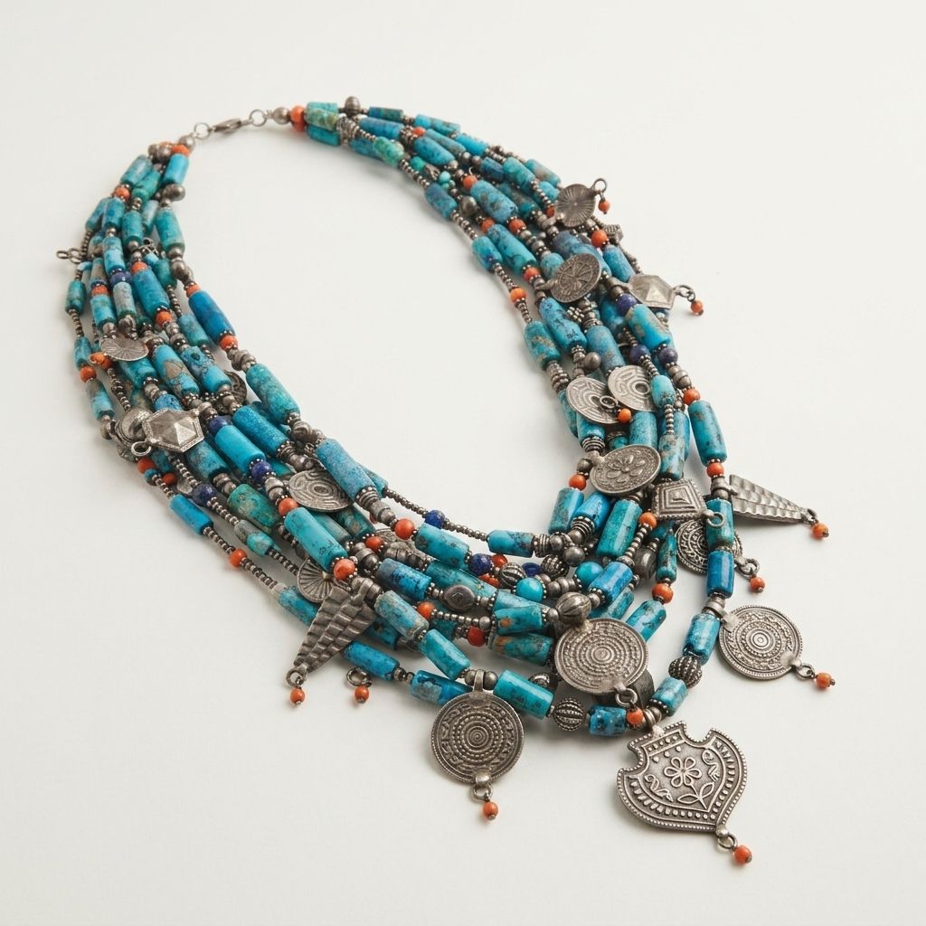 Vintage Tribal Multi-Strand Turquoise & Silver Statement Necklace