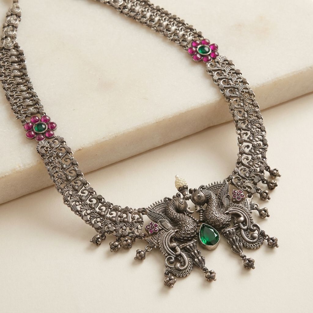 Antique Silver Twin Peacock Filigree Statement Necklace