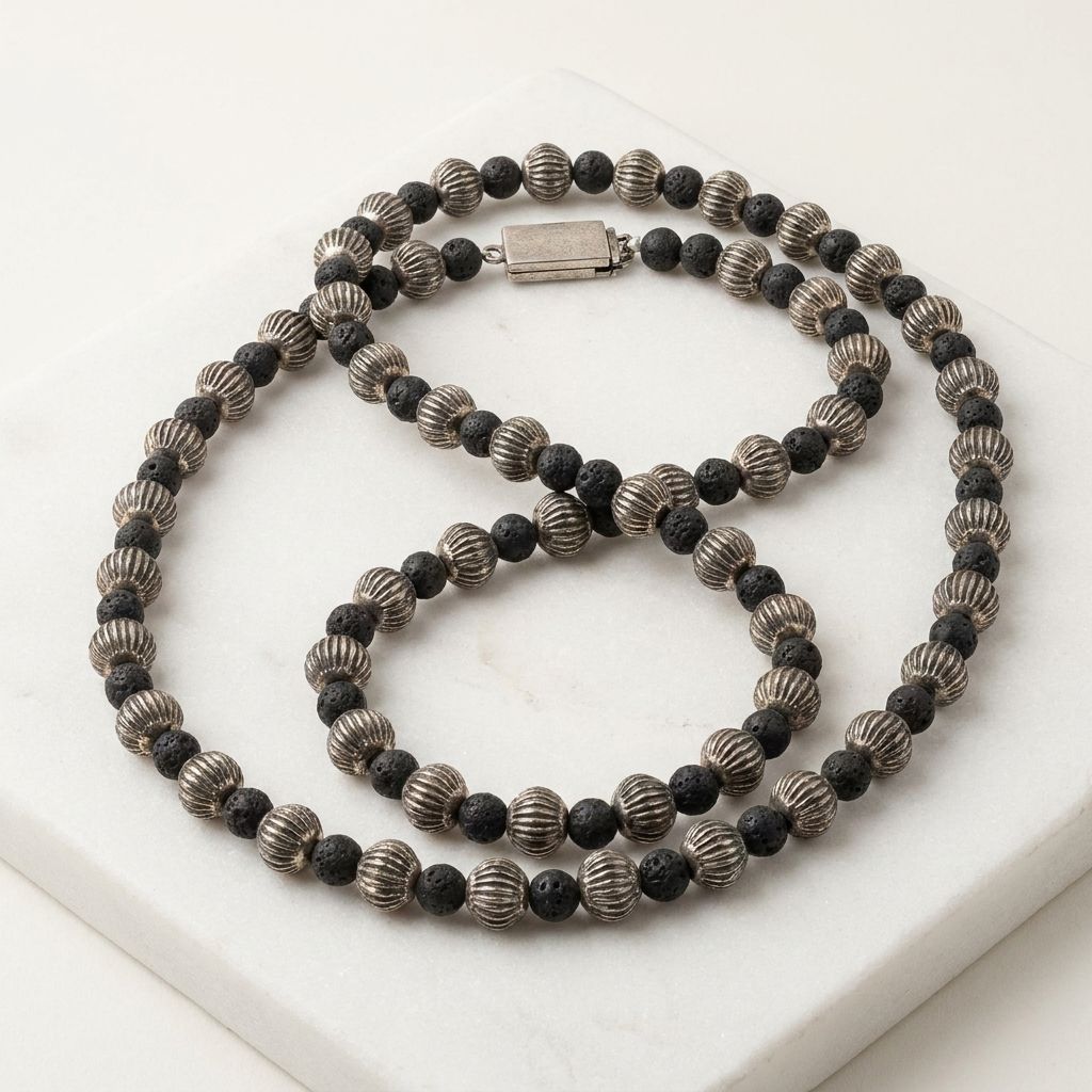 Antique Artisan Oxidized Silver and Black Lava Stone Mala Necklace