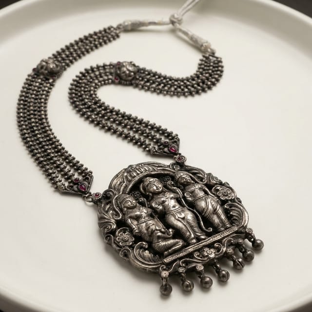 Antique Heritage Oxidized Silver Ram Darbar Temple Statement Necklace Antique Heritage Oxidized Silver Ram Darbar Temple Statement Necklace