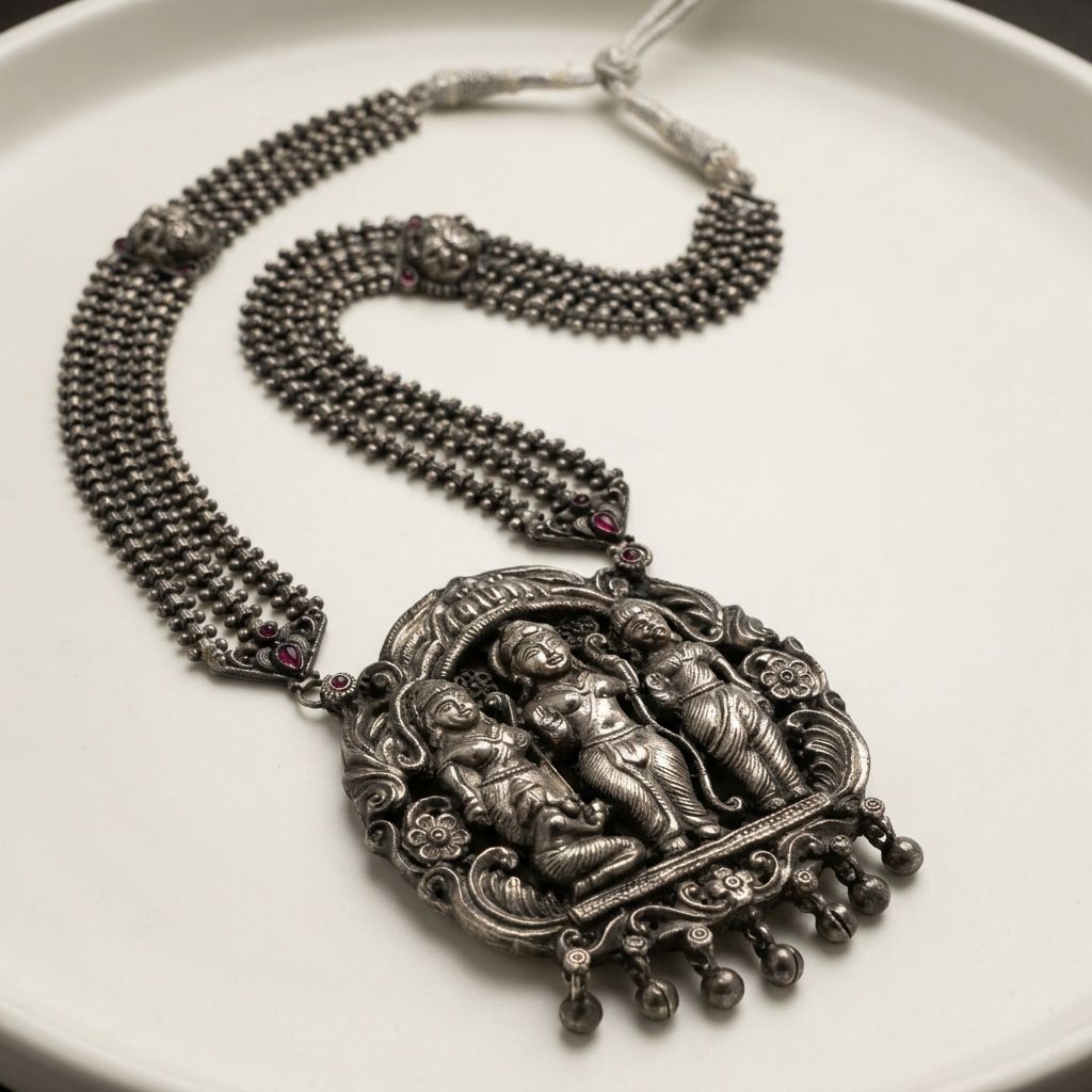 Antique Heritage Oxidized Silver Ram Darbar Temple Statement Necklace