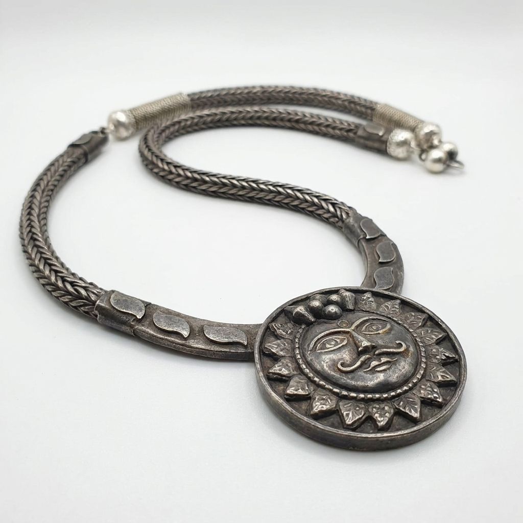 Antique Genuine Silver Surya (Sun God) Statement Necklace
