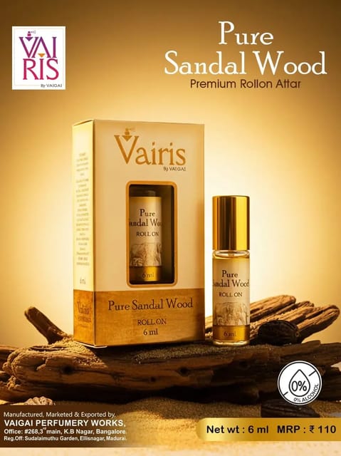 Pure Sandalwood Attar Vairis Rollon Perfume 6ml Pure Sandalwood Attar Vairis Rollon Perfume 6ml